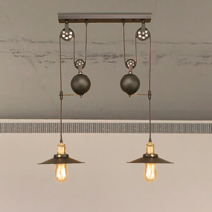 Wrought Iron Black Finish Pendant Light Fixture Flat Shade 2 Bulbs Antique Style Ceiling Light for Living Room Black Clearhalo 'Art Deco Pendants' 'Black' 'Cast Iron' 'Ceiling Lights' 'Ceramic' 'Crystal' 'Industrial Pendants' 'Industrial' 'Metal' 'Middle Century Pendants' 'Pendant Lights' 'Pendants' 'Rustic Pendants' 'Tiffany' Lighting' 248918