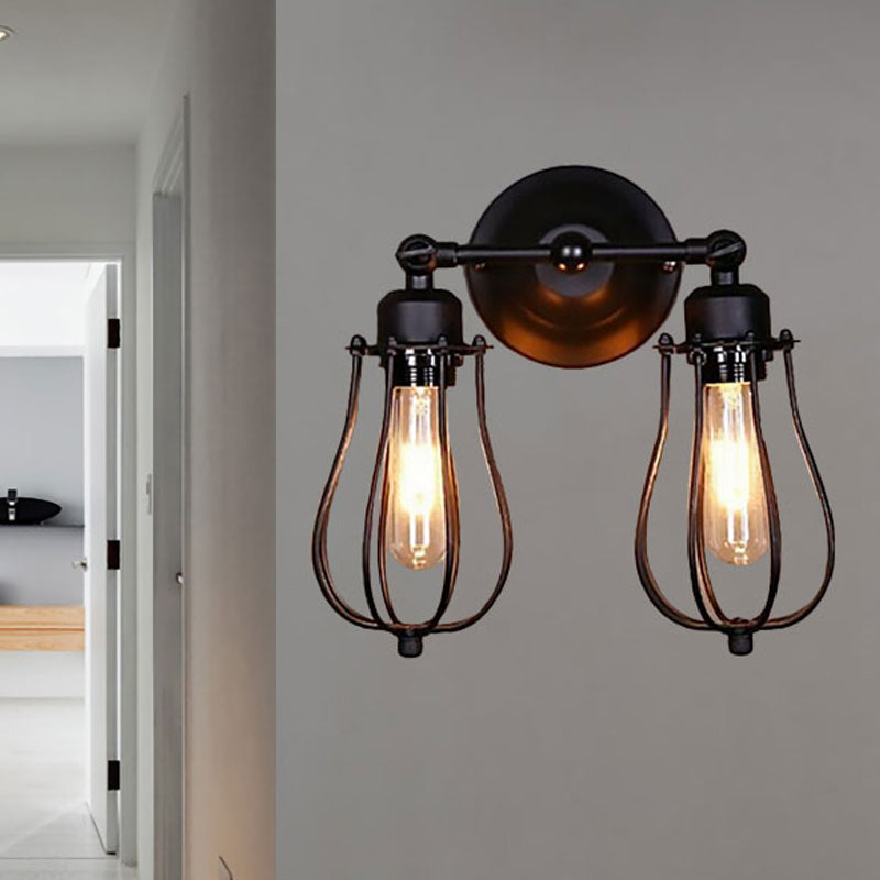 Industrial Style Caged Wall Sconce Lighting with Bulb Shade 2 Lights Metal Mini Wall Light in Copper/Aged Silver Clearhalo 'Art deco wall lights' 'Cast Iron' 'Glass' 'Industrial wall lights' 'Industrial' 'Middle century wall lights' 'Modern' 'Rustic wall lights' 'Tiffany' 'Traditional wall lights' 'Wall Lamps & Sconces' 'Wall Lights' Lighting' 248923