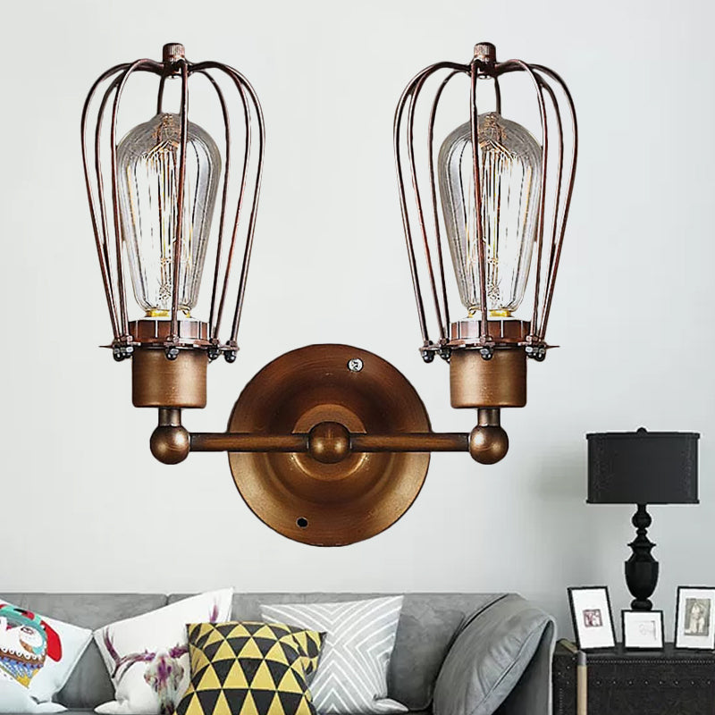 Industrial Style Caged Wall Sconce Lighting with Bulb Shade 2 Lights Metal Mini Wall Light in Copper/Aged Silver Copper Clearhalo 'Art deco wall lights' 'Cast Iron' 'Glass' 'Industrial wall lights' 'Industrial' 'Middle century wall lights' 'Modern' 'Rustic wall lights' 'Tiffany' 'Traditional wall lights' 'Wall Lamps & Sconces' 'Wall Lights' Lighting' 248924