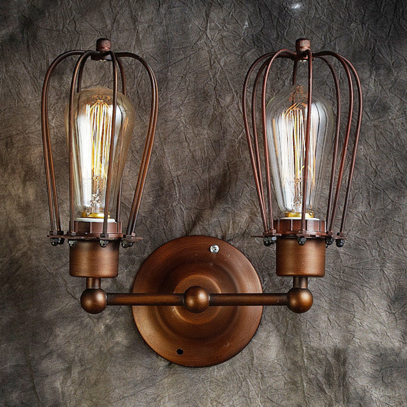 Industrial Style Caged Wall Sconce Lighting with Bulb Shade 2 Lights Metal Mini Wall Light in Copper/Aged Silver Clearhalo 'Art deco wall lights' 'Cast Iron' 'Glass' 'Industrial wall lights' 'Industrial' 'Middle century wall lights' 'Modern' 'Rustic wall lights' 'Tiffany' 'Traditional wall lights' 'Wall Lamps & Sconces' 'Wall Lights' Lighting' 248925