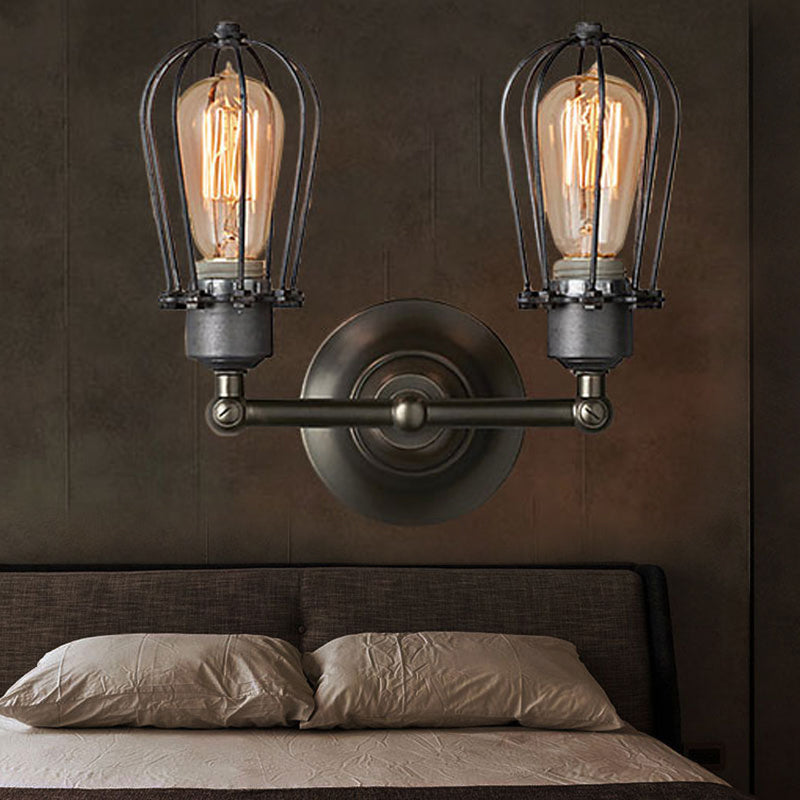 Industrial Style Caged Wall Sconce Lighting with Bulb Shade 2 Lights Metal Mini Wall Light in Copper/Aged Silver Aged Silver Clearhalo 'Art deco wall lights' 'Cast Iron' 'Glass' 'Industrial wall lights' 'Industrial' 'Middle century wall lights' 'Modern' 'Rustic wall lights' 'Tiffany' 'Traditional wall lights' 'Wall Lamps & Sconces' 'Wall Lights' Lighting' 248926
