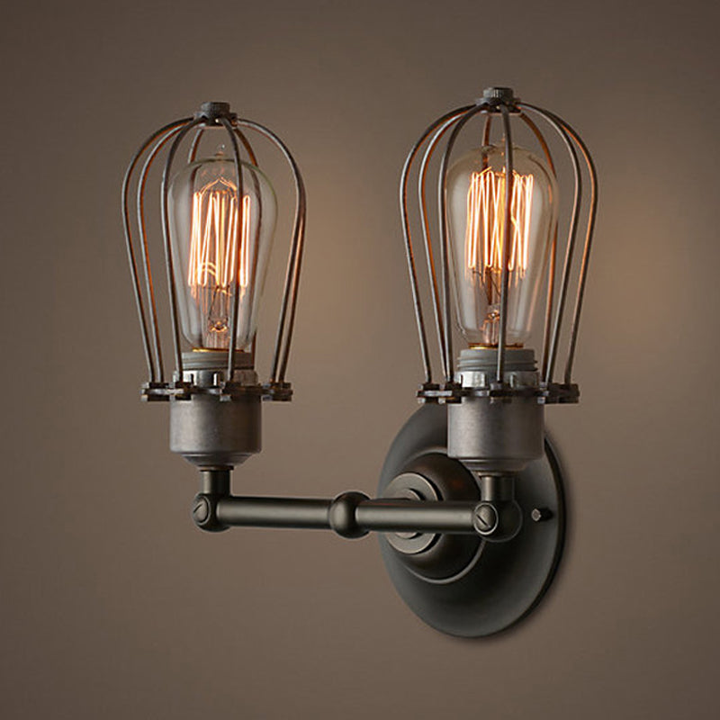 Industrial Style Caged Wall Sconce Lighting with Bulb Shade 2 Lights Metal Mini Wall Light in Copper/Aged Silver Clearhalo 'Art deco wall lights' 'Cast Iron' 'Glass' 'Industrial wall lights' 'Industrial' 'Middle century wall lights' 'Modern' 'Rustic wall lights' 'Tiffany' 'Traditional wall lights' 'Wall Lamps & Sconces' 'Wall Lights' Lighting' 248927
