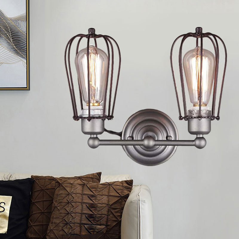 Industrial Style Caged Wall Sconce Lighting with Bulb Shade 2 Lights Metal Mini Wall Light in Copper/Aged Silver Nickel Clearhalo 'Art deco wall lights' 'Cast Iron' 'Glass' 'Industrial wall lights' 'Industrial' 'Middle century wall lights' 'Modern' 'Rustic wall lights' 'Tiffany' 'Traditional wall lights' 'Wall Lamps & Sconces' 'Wall Lights' Lighting' 248928
