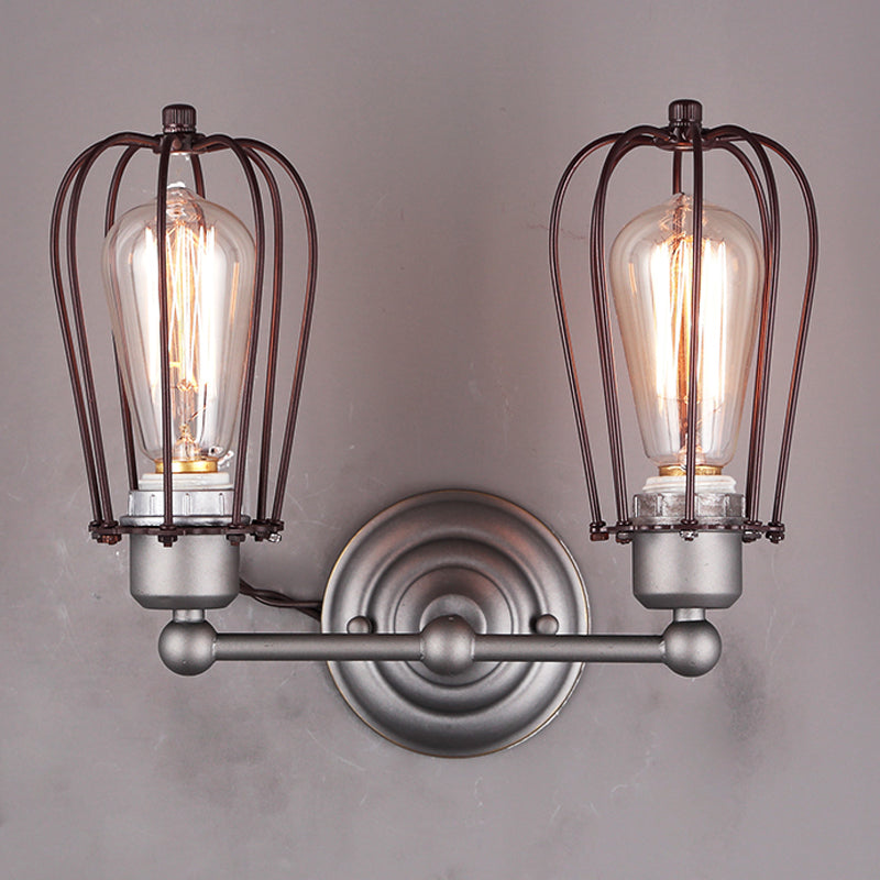 Industrial Style Caged Wall Sconce Lighting with Bulb Shade 2 Lights Metal Mini Wall Light in Copper/Aged Silver Clearhalo 'Art deco wall lights' 'Cast Iron' 'Glass' 'Industrial wall lights' 'Industrial' 'Middle century wall lights' 'Modern' 'Rustic wall lights' 'Tiffany' 'Traditional wall lights' 'Wall Lamps & Sconces' 'Wall Lights' Lighting' 248929