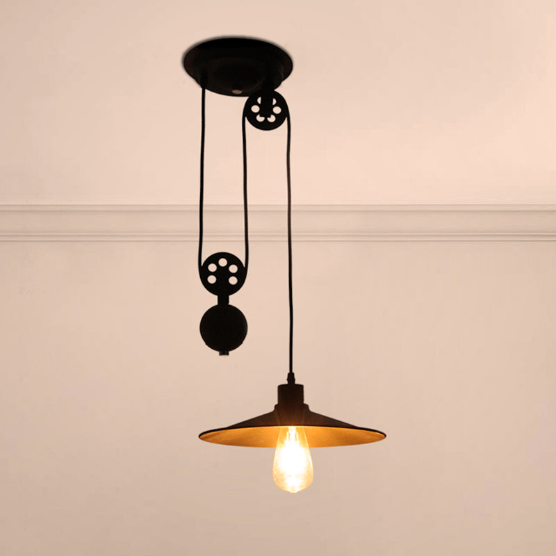1 Light Pulley Pendant Light with Flared Shade Farmhouse Style Black Metal Hanging Lamp for Indoor Black Clearhalo 'Art Deco Pendants' 'Black' 'Cast Iron' 'Ceiling Lights' 'Ceramic' 'Crystal' 'Industrial Pendants' 'Industrial' 'Metal' 'Middle Century Pendants' 'Pendant Lights' 'Pendants' 'Rustic Pendants' 'Tiffany' Lighting' 248936