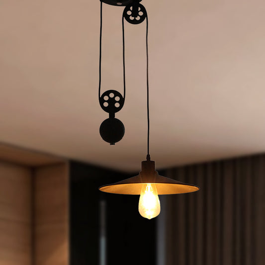 1 Light Pulley Pendant Light with Flared Shade Farmhouse Style Black Metal Hanging Lamp for Indoor Clearhalo 'Art Deco Pendants' 'Black' 'Cast Iron' 'Ceiling Lights' 'Ceramic' 'Crystal' 'Industrial Pendants' 'Industrial' 'Metal' 'Middle Century Pendants' 'Pendant Lights' 'Pendants' 'Rustic Pendants' 'Tiffany' Lighting' 248937