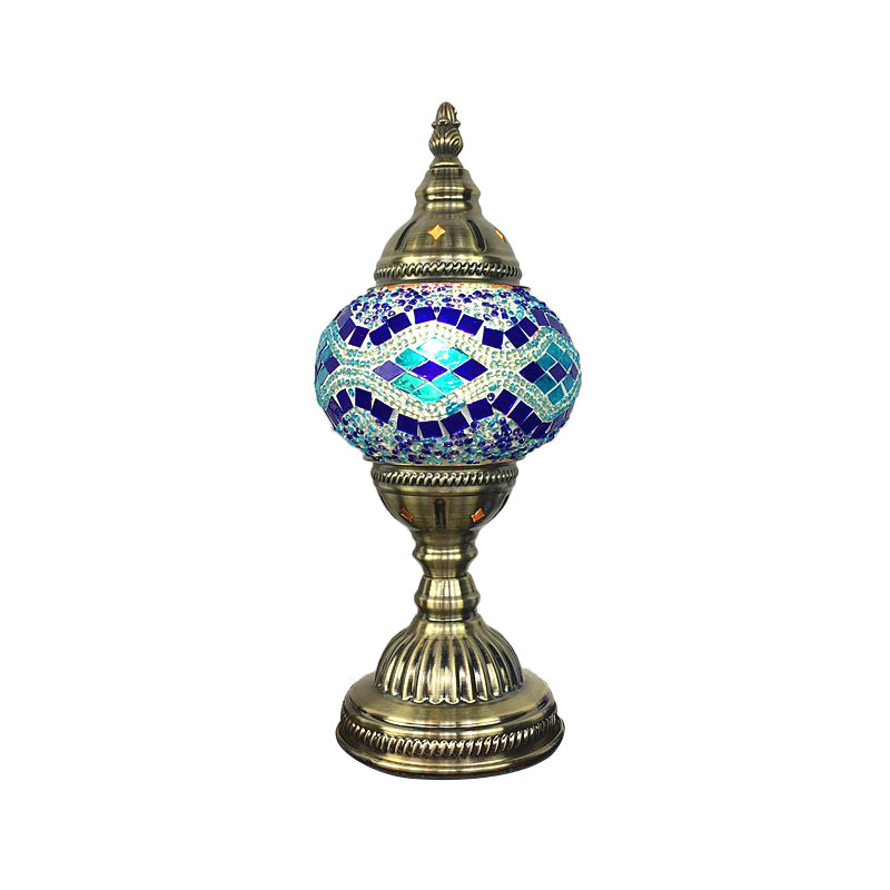 1 Bulb Coffee House Table Light Traditional Aged Brass Desk Lamp with Ball Red/Blue/Lake Blue Glass Shade Clearhalo 'Lamps' 'Table Lamps' Lighting' 248950