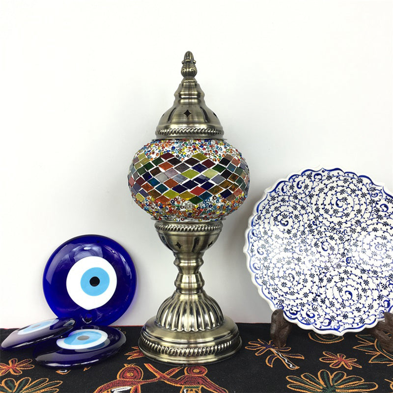 1 Bulb Coffee House Table Light Traditional Aged Brass Desk Lamp with Ball Red/Blue/Lake Blue Glass Shade Clearhalo 'Lamps' 'Table Lamps' Lighting' 248952