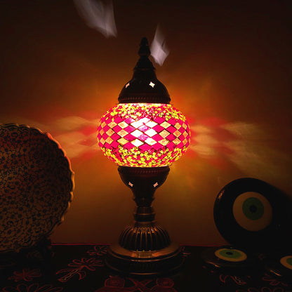 1 Bulb Coffee House Table Light Traditional Aged Brass Desk Lamp with Ball Red/Blue/Lake Blue Glass Shade Ginger E Clearhalo 'Lamps' 'Table Lamps' Lighting' 248953