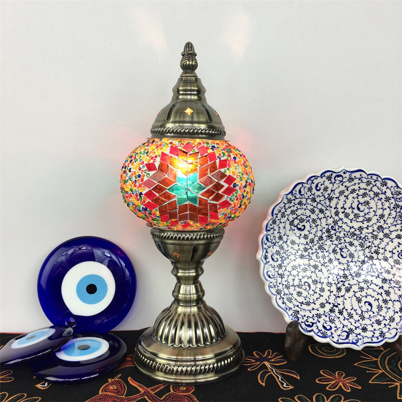 1 Bulb Coffee House Table Light Traditional Aged Brass Desk Lamp with Ball Red/Blue/Lake Blue Glass Shade Clearhalo 'Lamps' 'Table Lamps' Lighting' 248965