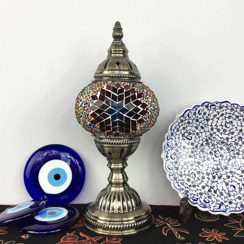 1 Bulb Coffee House Table Light Traditional Aged Brass Desk Lamp with Ball Red/Blue/Lake Blue Glass Shade Clearhalo 'Lamps' 'Table Lamps' Lighting' 248969