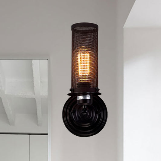 Cylinder Iron Wall Sconce Lighting with Mesh Shade Antique Style 1/2-Bulb Farmhouse Wall Mounted Lamp in Black 1.0 Black Clearhalo 'Art deco wall lights' 'Cast Iron' 'Glass' 'Industrial wall lights' 'Industrial' 'Middle century wall lights' 'Modern' 'Rustic wall lights' 'Tiffany' 'Traditional wall lights' 'Wall Lamps & Sconces' 'Wall Lights' Lighting' 249020