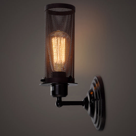 Cylinder Iron Wall Sconce Lighting with Mesh Shade Antique Style 1/2-Bulb Farmhouse Wall Mounted Lamp in Black Clearhalo 'Art deco wall lights' 'Cast Iron' 'Glass' 'Industrial wall lights' 'Industrial' 'Middle century wall lights' 'Modern' 'Rustic wall lights' 'Tiffany' 'Traditional wall lights' 'Wall Lamps & Sconces' 'Wall Lights' Lighting' 249021