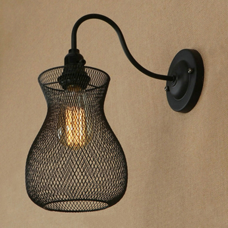 1 Bulb Vase Shape Wall Sconce with Mesh Shade Industrial Style Black Metal Wall Light Fixture for Corridor Clearhalo 'Art deco wall lights' 'Cast Iron' 'Glass' 'Industrial wall lights' 'Industrial' 'Middle century wall lights' 'Modern' 'Rustic wall lights' 'Tiffany' 'Traditional wall lights' 'Wall Lamps & Sconces' 'Wall Lights' Lighting' 249078