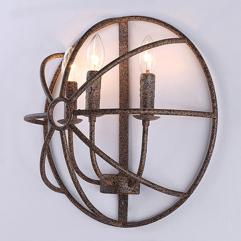 Semi Circle Metallic Sconce Lamp with Wire Frame Rustic 3 Lights Restaurant Wall Sconce Lighting in Rust/Black Clearhalo 'Art deco wall lights' 'Cast Iron' 'Glass' 'Industrial wall lights' 'Industrial' 'Middle century wall lights' 'Modern' 'Rustic wall lights' 'Tiffany' 'Traditional wall lights' 'Wall Lamps & Sconces' 'Wall Lights' Lighting' 249112