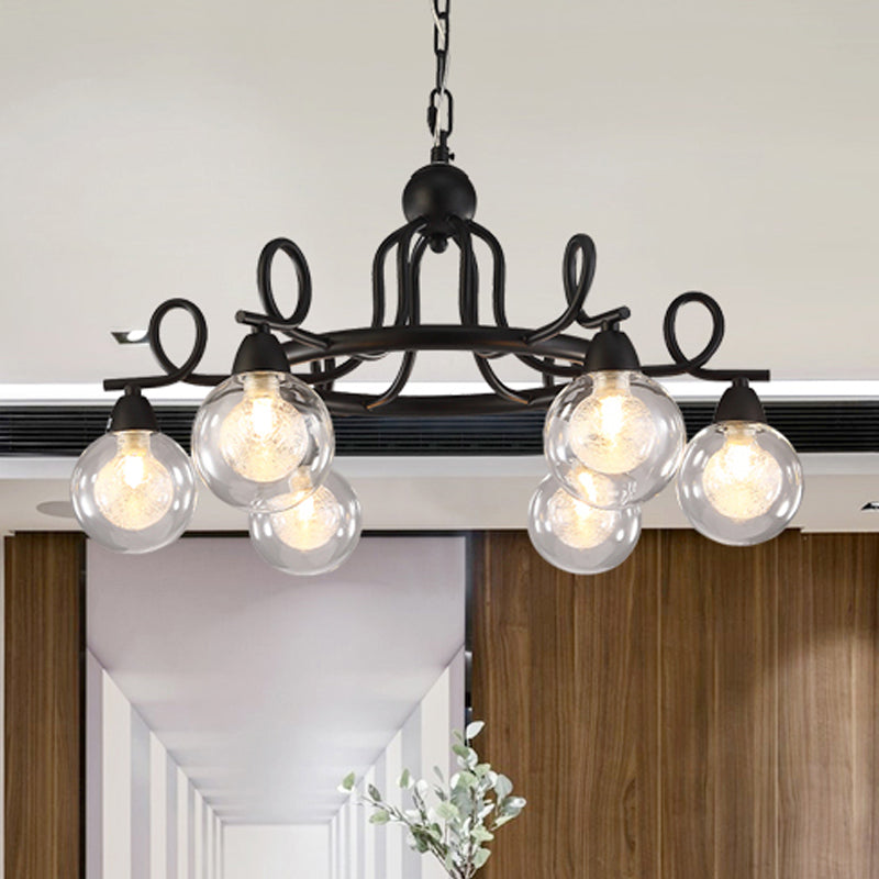 6/8-Light Pendant Light Fixture Rustic Mini Ball Clear Glass Hanging Chandelier in Black Clearhalo 'Cast Iron' 'Ceiling Lights' 'Chandeliers' 'Industrial Chandeliers' 'Industrial' 'Metal' 'Middle Century Chandeliers' 'Rustic Chandeliers' 'Tiffany' Lighting' 249126