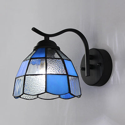 Tiffany Dome Wall Mount Light Stained Glass 1 Light Bathroom Wall Sconce Light in White/Blue Blue Clearhalo 'Industrial' 'Middle century wall lights' 'Tiffany wall lights' 'Tiffany' 'Wall Lamps & Sconces' 'Wall Lights' Lighting' 24913