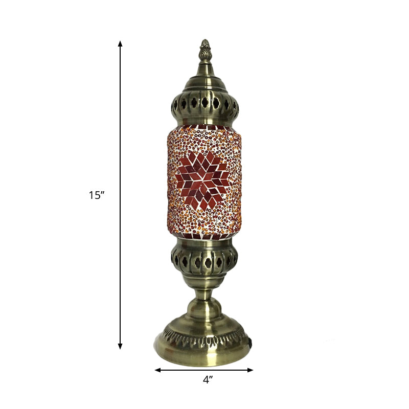 1 Bulb Cylinder Task Lighting Tradition Red/Blue Glass Night Table Lamp with Brass Metal Base Clearhalo 'Lamps' 'Table Lamps' Lighting' 249155