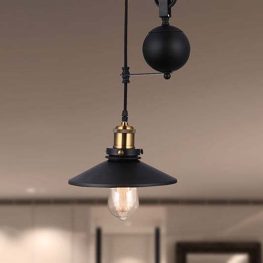 Black Conic Ceiling Light Fixture Vintage Style Metallic 1 Bulb Living Room Hanging Pendant Light with Pulley Clearhalo 'Art Deco Pendants' 'Black' 'Cast Iron' 'Ceiling Lights' 'Ceramic' 'Crystal' 'Industrial Pendants' 'Industrial' 'Metal' 'Middle Century Pendants' 'Pendant Lights' 'Pendants' 'Rustic Pendants' 'Tiffany' Lighting' 249173