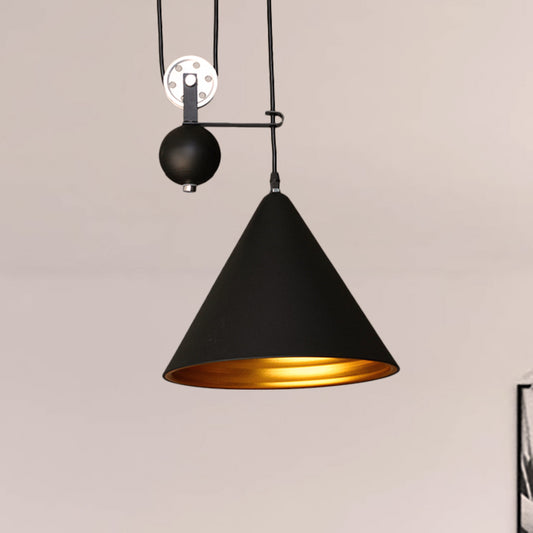 Black/White Finish Conical Hanging Lamp with Pulley Industrial Style Metal 1 Light Farmhouse Pendant Lighting Black Clearhalo 'Art Deco Pendants' 'Black' 'Cast Iron' 'Ceiling Lights' 'Ceramic' 'Crystal' 'Industrial Pendants' 'Industrial' 'Metal' 'Middle Century Pendants' 'Pendant Lights' 'Pendants' 'Rustic Pendants' 'Tiffany' Lighting' 249196