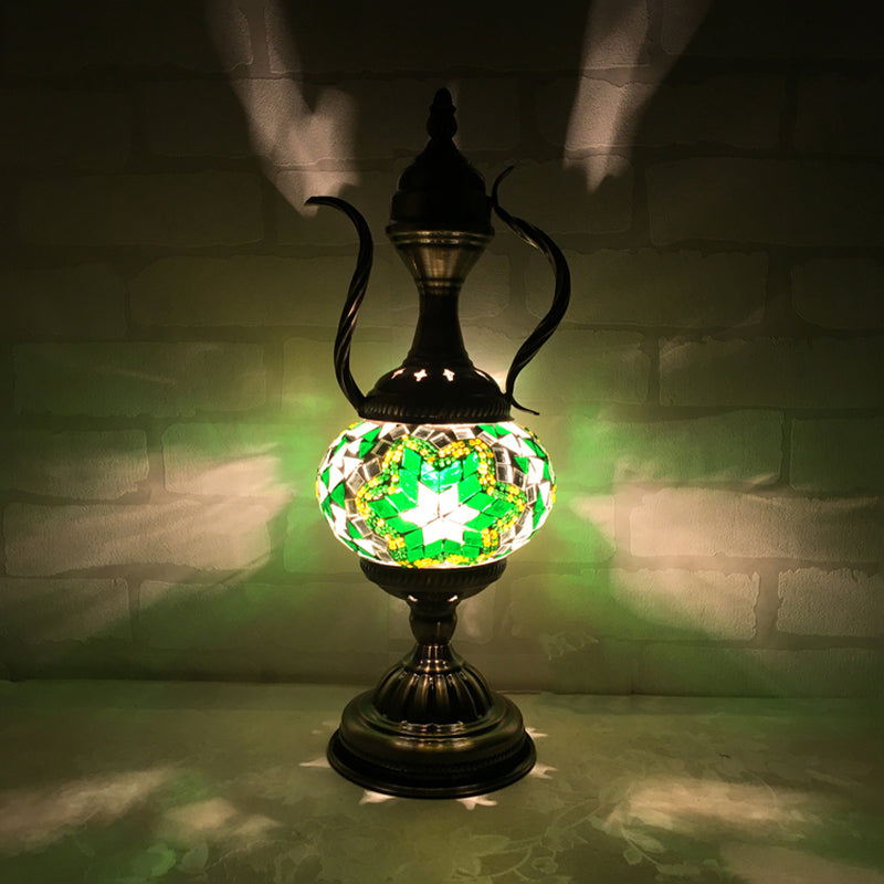 1 Head Restaurant Table Lamp Vintage Task Lighting with Global Blue/Purple-Red/Lake Blue Glass Shade Fluorescent Green C Clearhalo 'Lamps' 'Table Lamps' Lighting' 249260