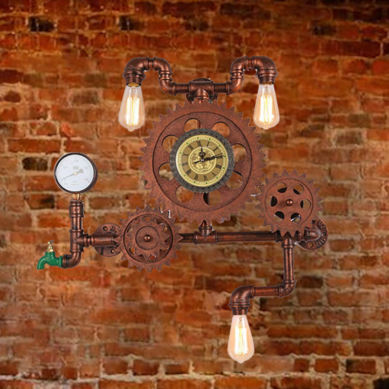 Copper Finish Gear Design Wall Lighting with Faucet Vintage Metallic 3 Lights Restaurant Sconce Lighting Copper Clearhalo 'Art deco wall lights' 'Cast Iron' 'Glass' 'Industrial wall lights' 'Industrial' 'Middle century wall lights' 'Modern' 'Rustic wall lights' 'Tiffany' 'Traditional wall lights' 'Wall Lamps & Sconces' 'Wall Lights' Lighting' 249364