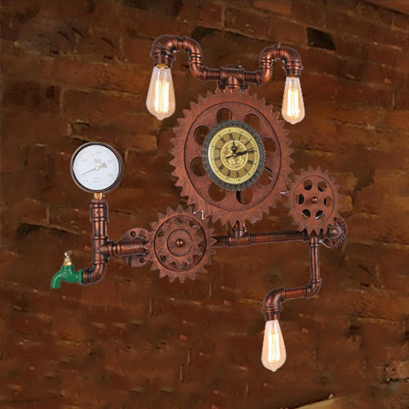 Copper Finish Gear Design Wall Lighting with Faucet Vintage Metallic 3 Lights Restaurant Sconce Lighting Clearhalo 'Art deco wall lights' 'Cast Iron' 'Glass' 'Industrial wall lights' 'Industrial' 'Middle century wall lights' 'Modern' 'Rustic wall lights' 'Tiffany' 'Traditional wall lights' 'Wall Lamps & Sconces' 'Wall Lights' Lighting' 249365