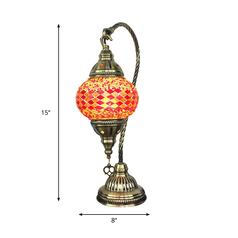 1 Bulb Gooseneck Nightstand Lamp Tradition Metal Task Lighting in Brass with Global Red/Light Blue/Orange-Yellow Glass Shade Clearhalo 'Lamps' 'Table Lamps' Lighting' 249369