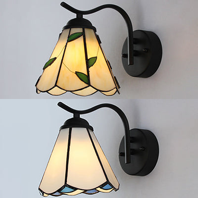 Conical Sconce Lighting with Black Curved Arm Traditional Tiffany Wall Lamp in White/Beige for Corridor Clearhalo 'Industrial' 'Middle century wall lights' 'Tiffany wall lights' 'Tiffany' 'Wall Lamps & Sconces' 'Wall Lights' Lighting' 24937