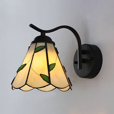 Conical Sconce Lighting with Black Curved Arm Traditional Tiffany Wall Lamp in White/Beige for Corridor Clearhalo 'Industrial' 'Middle century wall lights' 'Tiffany wall lights' 'Tiffany' 'Wall Lamps & Sconces' 'Wall Lights' Lighting' 24938