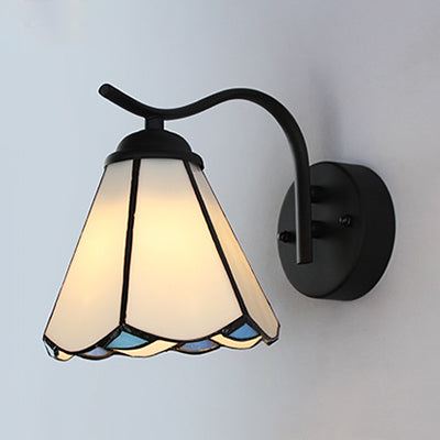 Conical Sconce Lighting with Black Curved Arm Traditional Tiffany Wall Lamp in White/Beige for Corridor White Clearhalo 'Industrial' 'Middle century wall lights' 'Tiffany wall lights' 'Tiffany' 'Wall Lamps & Sconces' 'Wall Lights' Lighting' 24941