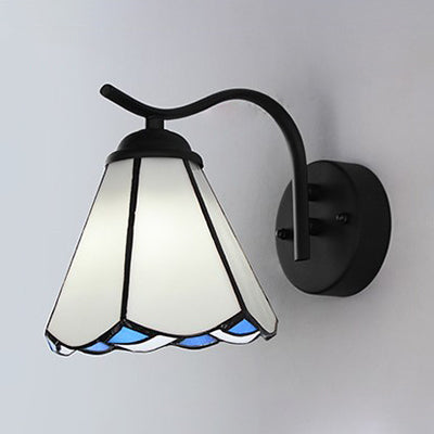 Conical Sconce Lighting with Black Curved Arm Traditional Tiffany Wall Lamp in White/Beige for Corridor Clearhalo 'Industrial' 'Middle century wall lights' 'Tiffany wall lights' 'Tiffany' 'Wall Lamps & Sconces' 'Wall Lights' Lighting' 24942