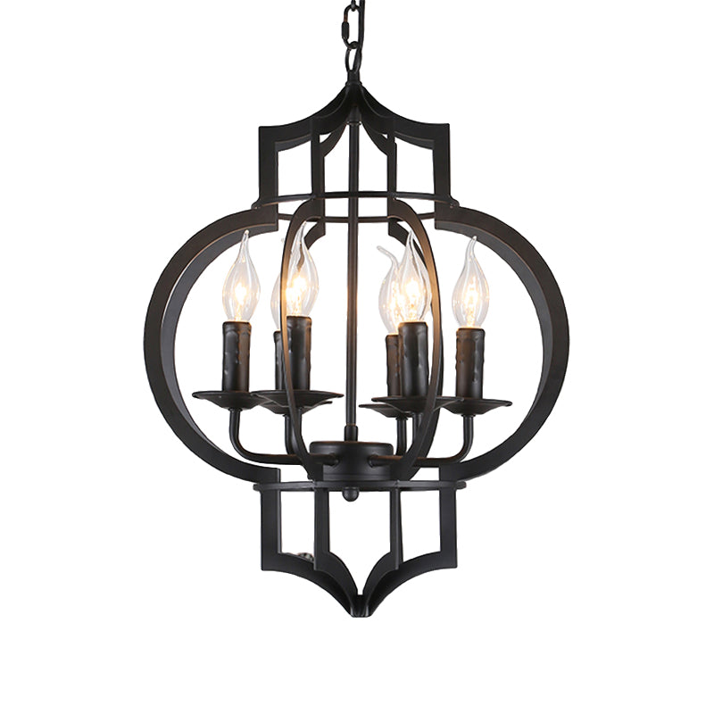 4/6 Bulbs Chandelier Light Vintage Style Lantern Cage Shade Wrought Iron Medium Hanging Lamp in Black Clearhalo 'Cast Iron' 'Ceiling Lights' 'Chandeliers' 'Industrial Chandeliers' 'Industrial' 'Metal' 'Middle Century Chandeliers' 'Rustic Chandeliers' 'Tiffany' Lighting' 249453
