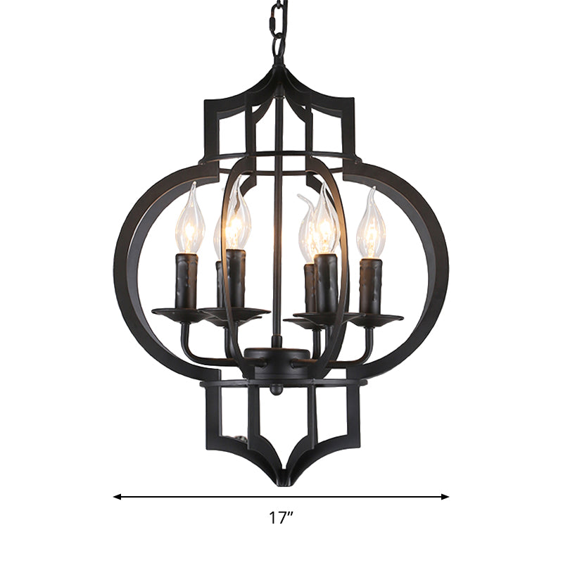 4/6 Bulbs Chandelier Light Vintage Style Lantern Cage Shade Wrought Iron Medium Hanging Lamp in Black Clearhalo 'Cast Iron' 'Ceiling Lights' 'Chandeliers' 'Industrial Chandeliers' 'Industrial' 'Metal' 'Middle Century Chandeliers' 'Rustic Chandeliers' 'Tiffany' Lighting' 249454