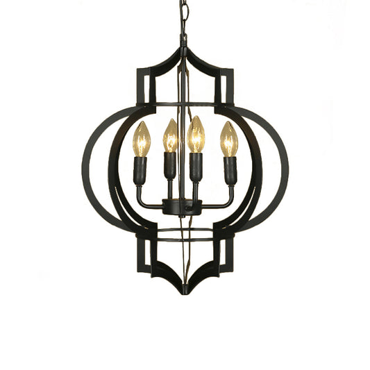 4/6 Bulbs Chandelier Light Vintage Style Lantern Cage Shade Wrought Iron Medium Hanging Lamp in Black Clearhalo 'Cast Iron' 'Ceiling Lights' 'Chandeliers' 'Industrial Chandeliers' 'Industrial' 'Metal' 'Middle Century Chandeliers' 'Rustic Chandeliers' 'Tiffany' Lighting' 249455