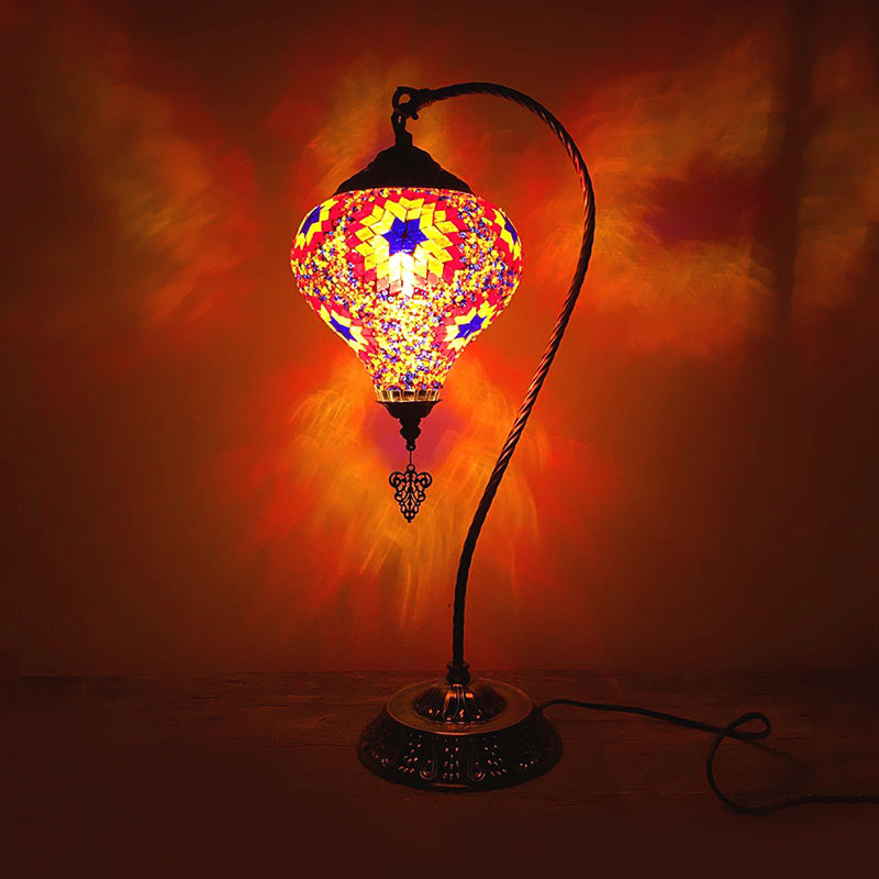 1 Bulb Restaurant Table Light Antique Night Table Lamp with Droplet Red/Purple/Orange-Yellow Glass Shade Red Clearhalo 'Lamps' 'Table Lamps' Lighting' 249510