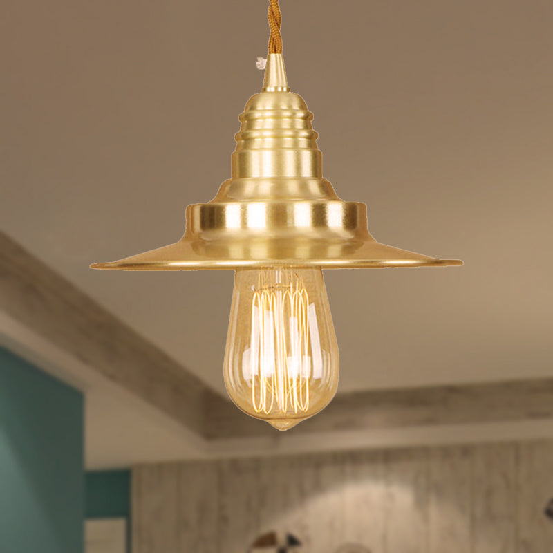 Metal Brass Finish Hanging Pendant Light Flat Shade 1 Light Retro Style Ceiling Light Fixture over Table Brass Clearhalo 'Art Deco Pendants' 'Cast Iron' 'Ceiling Lights' 'Ceramic' 'Crystal' 'Industrial Pendants' 'Industrial' 'Metal' 'Middle Century Pendants' 'Pendant Lights' 'Pendants' 'Tiffany' Lighting' 249650