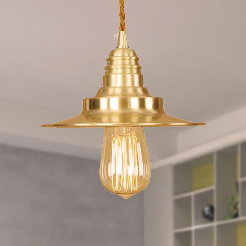 Metal Brass Finish Hanging Pendant Light Flat Shade 1 Light Retro Style Ceiling Light Fixture over Table Clearhalo 'Art Deco Pendants' 'Cast Iron' 'Ceiling Lights' 'Ceramic' 'Crystal' 'Industrial Pendants' 'Industrial' 'Metal' 'Middle Century Pendants' 'Pendant Lights' 'Pendants' 'Tiffany' Lighting' 249651