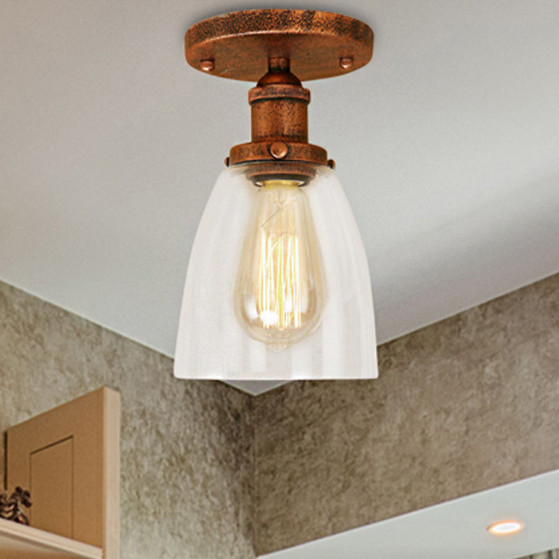 One Bulb Light Fixtures Ceiling Industrial Cone Clear Glass Semi Flush Mount Lighting in Silver/Brass/Rust Rust Clearhalo 'Ceiling Lights' 'Close To Ceiling Lights' 'Close to ceiling' 'Glass shade' 'Glass' 'Semi-flushmount' Lighting' 249655