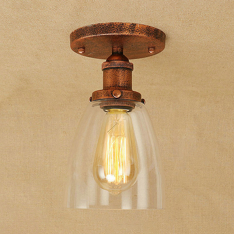 One Bulb Light Fixtures Ceiling Industrial Cone Clear Glass Semi Flush Mount Lighting in Silver/Brass/Rust Clearhalo 'Ceiling Lights' 'Close To Ceiling Lights' 'Close to ceiling' 'Glass shade' 'Glass' 'Semi-flushmount' Lighting' 249657