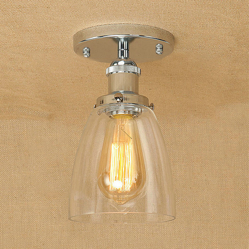 One Bulb Light Fixtures Ceiling Industrial Cone Clear Glass Semi Flush Mount Lighting in Silver/Brass/Rust Clearhalo 'Ceiling Lights' 'Close To Ceiling Lights' 'Close to ceiling' 'Glass shade' 'Glass' 'Semi-flushmount' Lighting' 249659