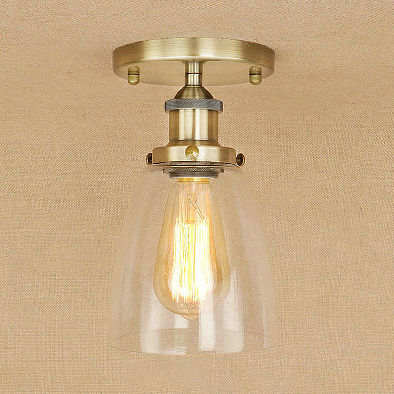 One Bulb Light Fixtures Ceiling Industrial Cone Clear Glass Semi Flush Mount Lighting in Silver/Brass/Rust Antique Brass Clearhalo 'Ceiling Lights' 'Close To Ceiling Lights' 'Close to ceiling' 'Glass shade' 'Glass' 'Semi-flushmount' Lighting' 249660