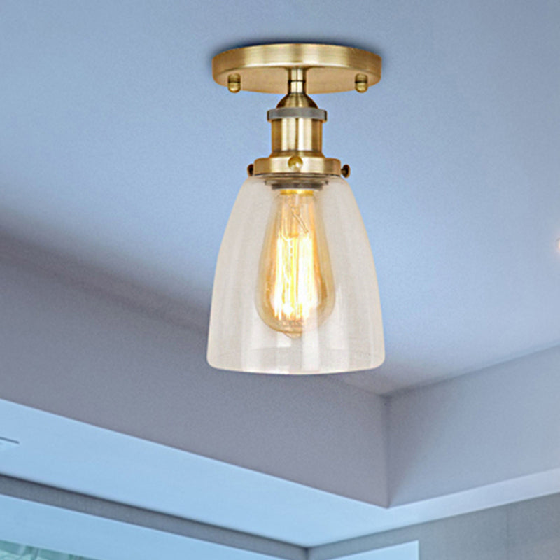One Bulb Light Fixtures Ceiling Industrial Cone Clear Glass Semi Flush Mount Lighting in Silver/Brass/Rust Clearhalo 'Ceiling Lights' 'Close To Ceiling Lights' 'Close to ceiling' 'Glass shade' 'Glass' 'Semi-flushmount' Lighting' 249661