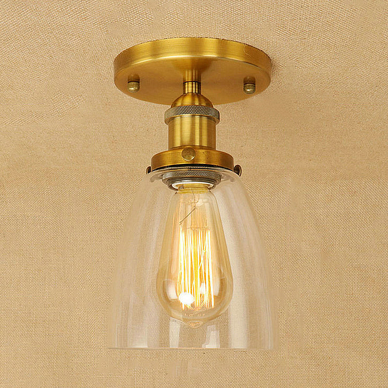 One Bulb Light Fixtures Ceiling Industrial Cone Clear Glass Semi Flush Mount Lighting in Silver/Brass/Rust Brass Clearhalo 'Ceiling Lights' 'Close To Ceiling Lights' 'Close to ceiling' 'Glass shade' 'Glass' 'Semi-flushmount' Lighting' 249662