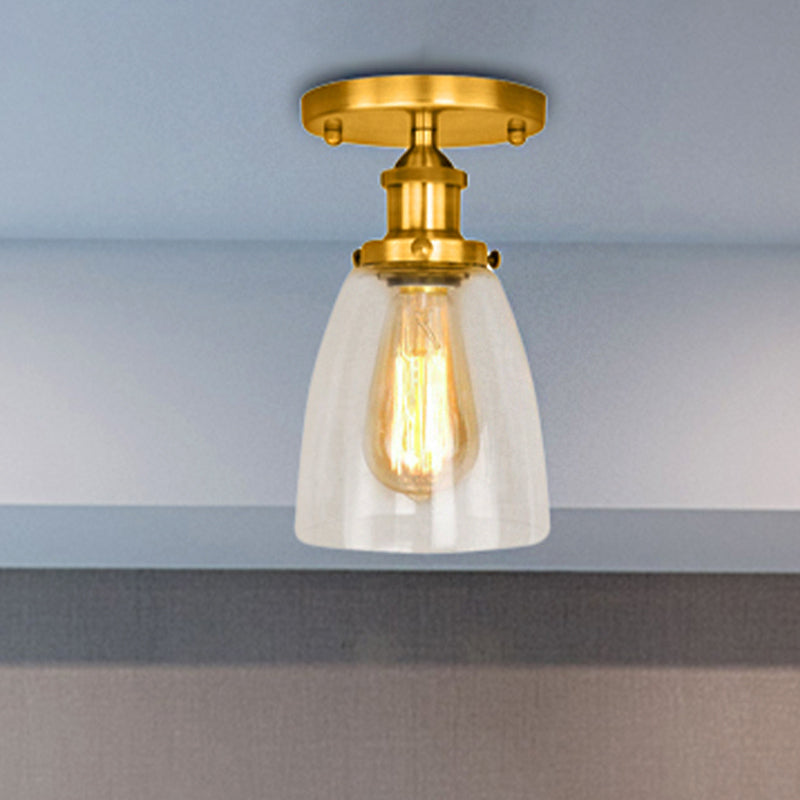One Bulb Light Fixtures Ceiling Industrial Cone Clear Glass Semi Flush Mount Lighting in Silver/Brass/Rust Clearhalo 'Ceiling Lights' 'Close To Ceiling Lights' 'Close to ceiling' 'Glass shade' 'Glass' 'Semi-flushmount' Lighting' 249663