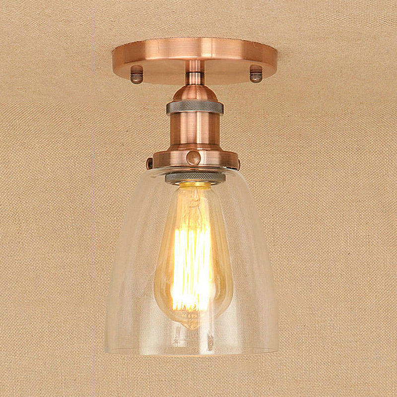 One Bulb Light Fixtures Ceiling Industrial Cone Clear Glass Semi Flush Mount Lighting in Silver/Brass/Rust Clearhalo 'Ceiling Lights' 'Close To Ceiling Lights' 'Close to ceiling' 'Glass shade' 'Glass' 'Semi-flushmount' Lighting' 249665