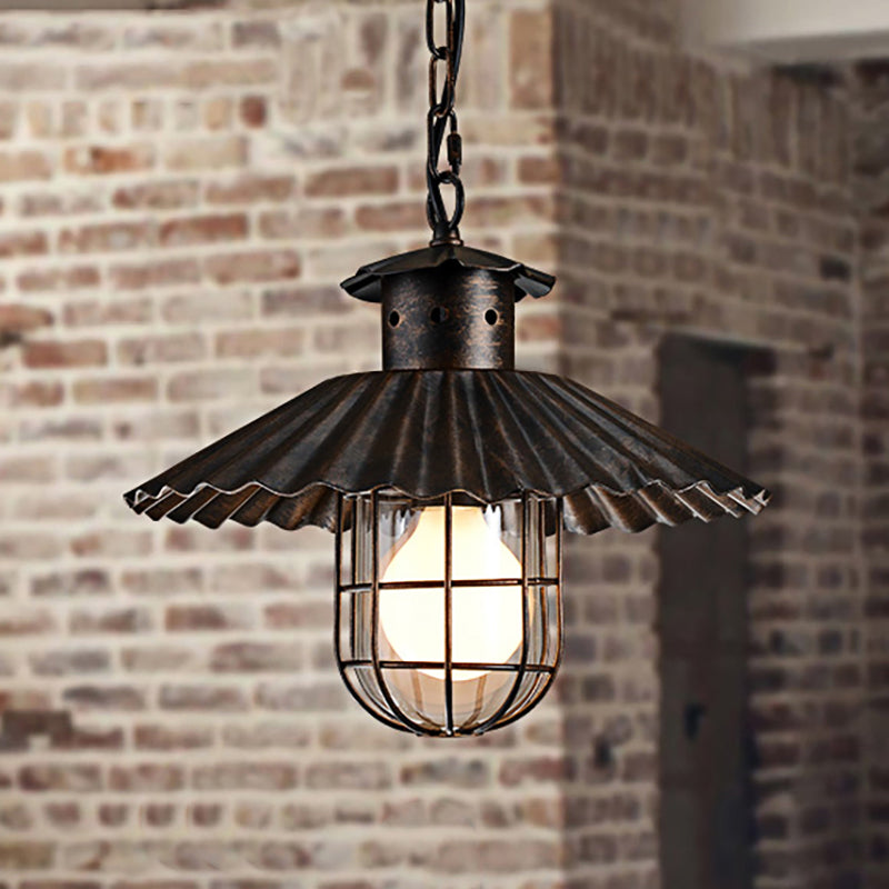 Wrought Iron Scalloped Edged Hanging Lamp with Cage Rustic 1 Head Restaurant Ceiling Pendant Light in Rust Rust Clearhalo 'Art Deco Pendants' 'Cast Iron' 'Ceiling Lights' 'Ceramic' 'Crystal' 'Industrial Pendants' 'Industrial' 'Metal' 'Middle Century Pendants' 'Pendant Lights' 'Pendants' 'Tiffany' Lighting' 249807