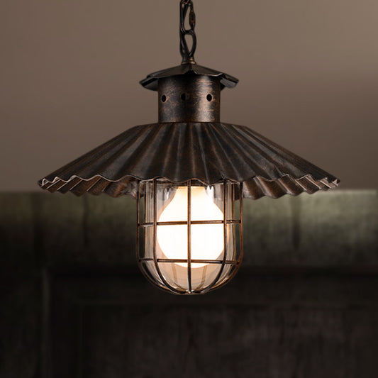 Wrought Iron Scalloped Edged Hanging Lamp with Cage Rustic 1 Head Restaurant Ceiling Pendant Light in Rust Clearhalo 'Art Deco Pendants' 'Cast Iron' 'Ceiling Lights' 'Ceramic' 'Crystal' 'Industrial Pendants' 'Industrial' 'Metal' 'Middle Century Pendants' 'Pendant Lights' 'Pendants' 'Tiffany' Lighting' 249808