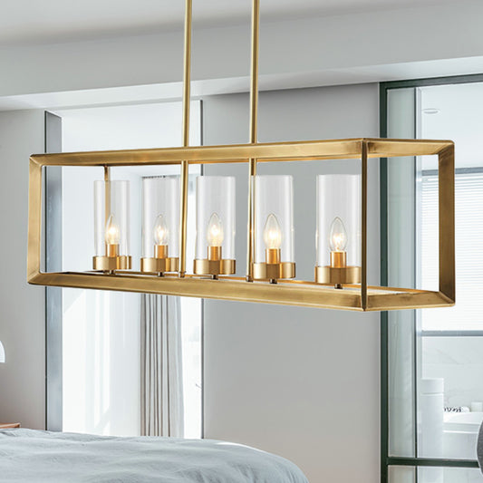 Classic Rectangle Hanging Pendant Light 3/4/5 Lights Clear Glass Island Lighting in Gold for Dining Room Clearhalo 'Ceiling Lights' 'Glass shade' 'Glass' 'Island Lights' Lighting' 249850