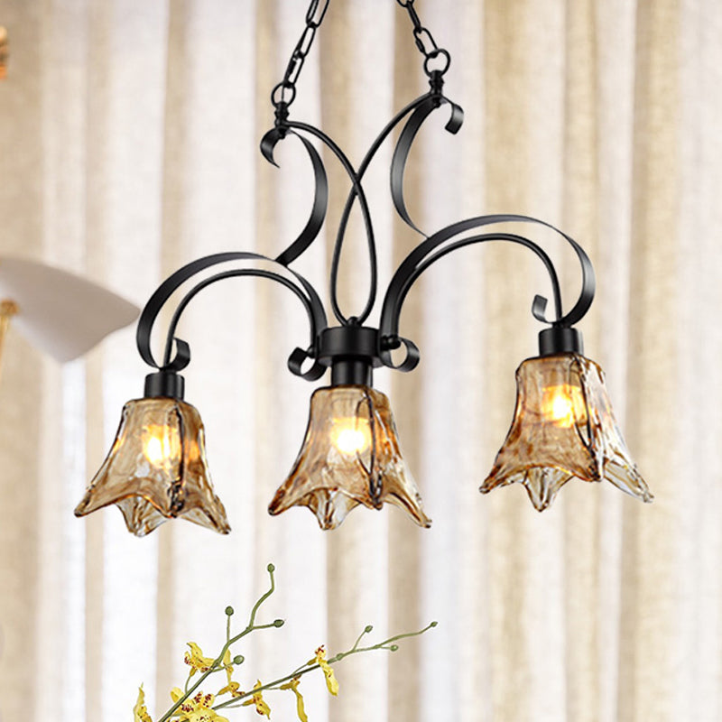 Black Flower Island Pendant Classic Tan Textured Glass 3 Bulbs Dining Room Hanging Ceiling Light Clearhalo 'Ceiling Lights' 'Glass shade' 'Glass' 'Island Lights' Lighting' 249857